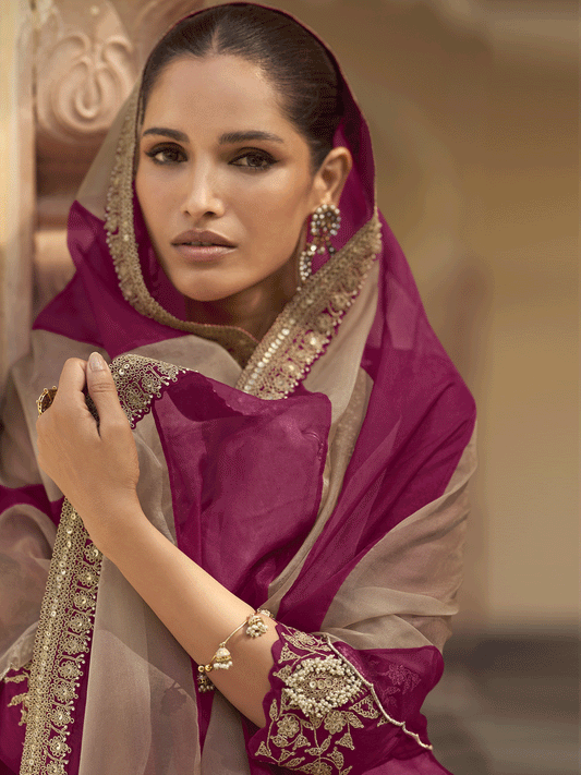 Wine Premium Chinnon Silk Festive Wear Sharara Suit