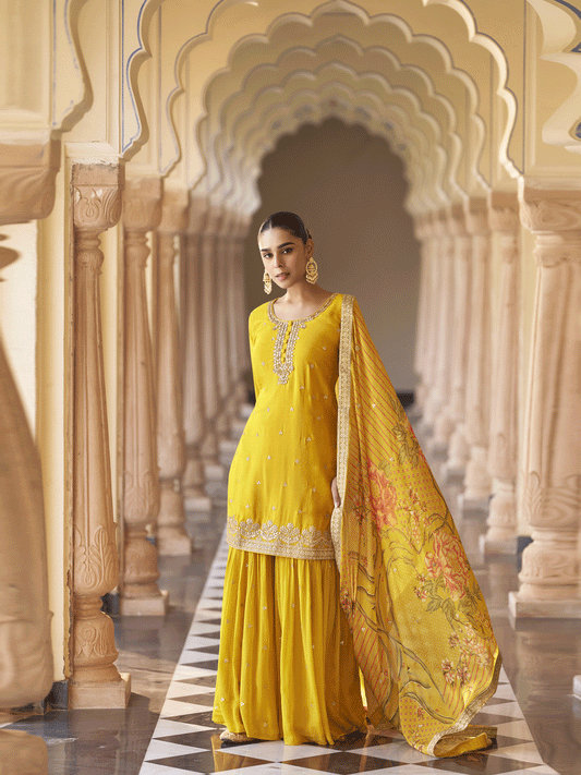 Yellow Premium Chinnon Silk Festive Wear Gharara Suit