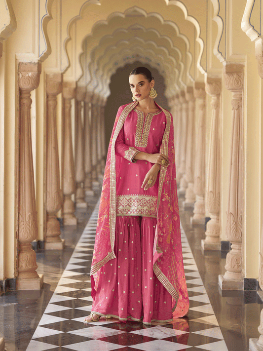 Pink Premium Chinnon Silk Festive Wear Gharara Suit