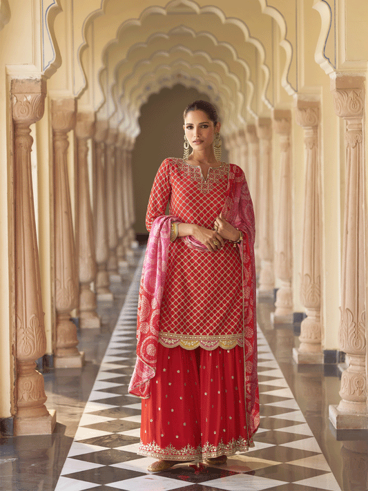 Red Premium Chinnon Silk Festive Wear Gharara Suit