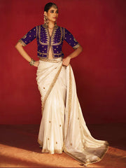 Naqsh Ivory Natural Silk Saree with Blue Corset-Style Blouse