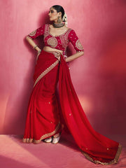 Rosette Heavy Silk Handcrafted Saree in Red