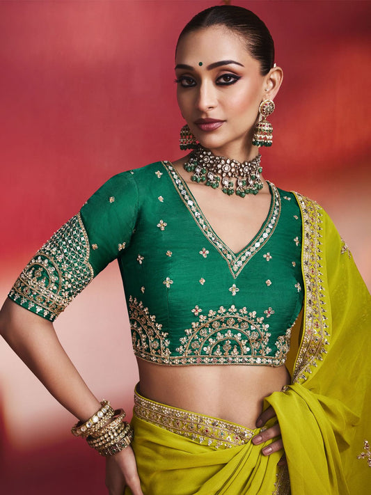 Lavya Pure Organza Khatli Border Saree in Lime Green