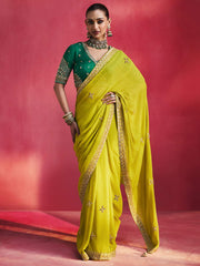 Lavya Pure Organza Khatli Border Saree in Lime Green