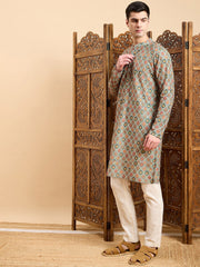 Green Floral Printed Mandarin Collar Zari Cotton A-Line Kurta