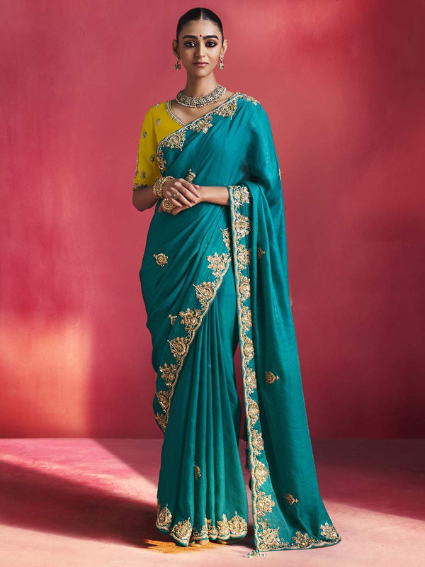 Peehu Soft Silk Embellished Border Saree In Turquoise Green