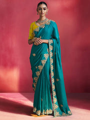 Peehu Soft Silk Embellished Border Saree In Turquoise Green