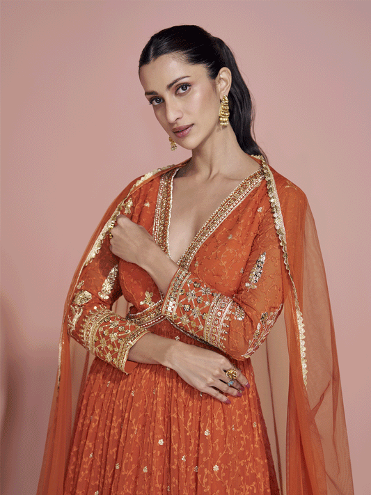 Premium Embroidered Orange Festive Anarkali Gown