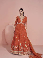 Premium Embroidered Orange Festive Anarkali Gown