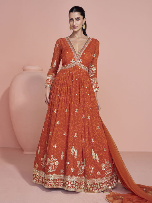Premium Embroidered Orange Festive Anarkali Gown