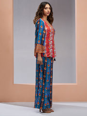 Blue And Red Digital Printed Silk Co-Ord Set