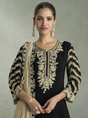 Black Chiffon Palazzo Suit With Gold Embroidery
