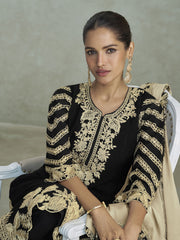 Black Chiffon Palazzo Suit With Gold Embroidery