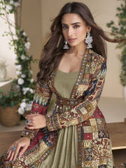 Designer Golden Beige Georgette Anarkali Gown with Multicolor Long Shrug