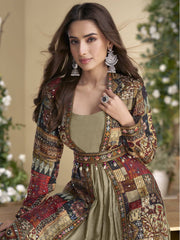 Designer Golden Beige Georgette Anarkali Gown with Multicolor Long Shrug