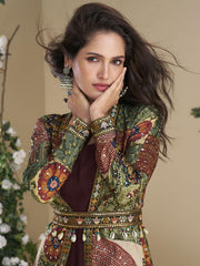 Designer Deep Wine Georgette Anarkali Gown with Multicolor Long Shrug