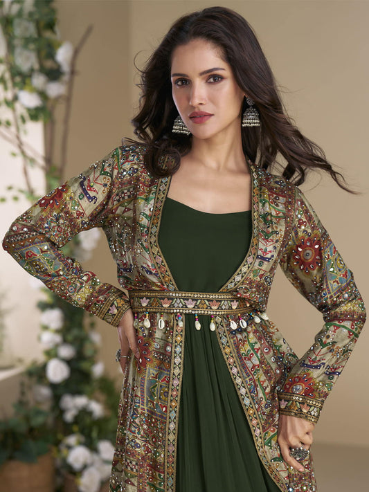 Designer Green Georgette Anarkali Gown with Multicolor Long Shrug