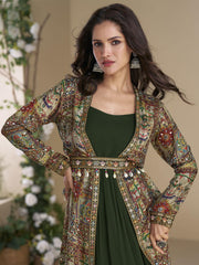 Designer Green Georgette Anarkali Gown with Multicolor Long Shrug