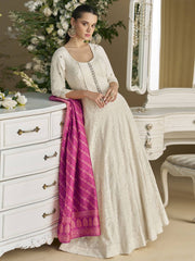 White Georgette Embroidered Sequins Chikankari Anarkali Suit