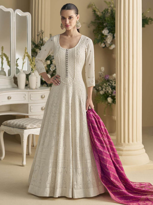 White Georgette Embroidered Sequins Chikankari Anarkali Suit