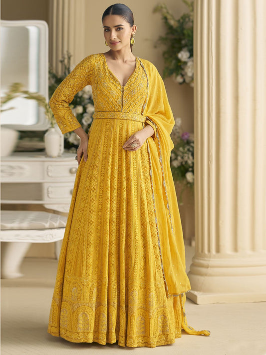 Yellow Georgette Embroidered Sequins Chikankari Anarkali Suit