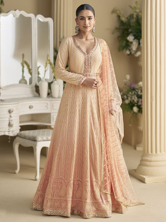 Peach Georgette Embroidered Sequins Chikankari Anarkali Suit