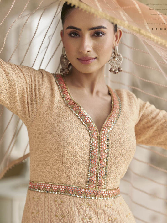 Peach Georgette Embroidered Sequins Chikankari Anarkali Suit