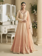 Peach Chikankari Embroidered Wedding Festive Anarkali Gown