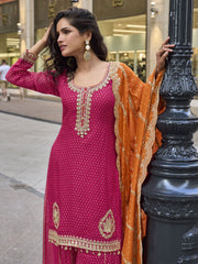 Pink Embroidery Party Wear Gharara Suit With Orange Dupatta
