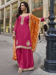 Pink Embroidery Party Wear Gharara Suit With Orange Dupatta
