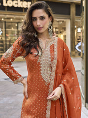 Orange Jacquard Silk Readymade Salwar Suit with Embroidered Work