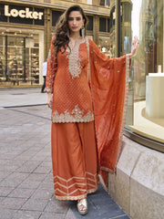 Orange Jacquard Silk Readymade Salwar Suit with Embroidered Work