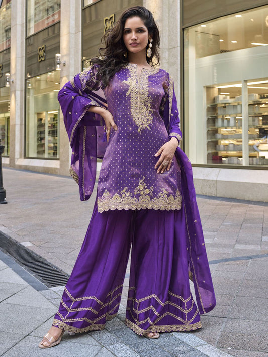 Purple Jacquard Silk Salwar Suit with Embroidered Work for Ceremonial