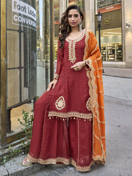 Maroon Readymade Embroidered Viscose Silk Suit
