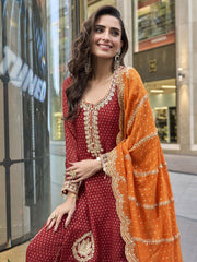Maroon Readymade Embroidered Viscose Silk Suit