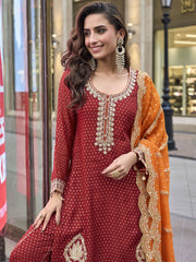 Maroon Readymade Embroidered Viscose Silk Suit
