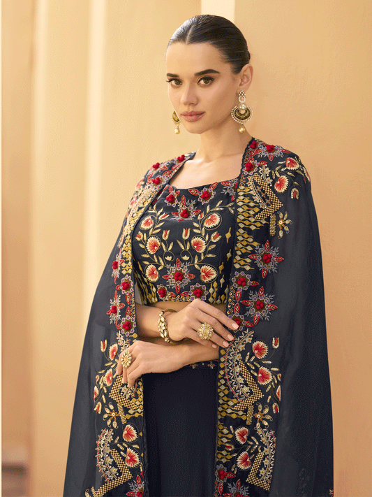 Navy Blue Chinon Zari Hand Embroidered With Sequins Cap Style Indowestern Palazzo Suits Wedding Wear