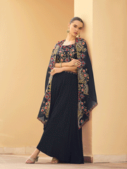 Navy Blue Chinon Zari Hand Embroidered With Sequins Cap Style Indowestern Palazzo Suits Wedding Wear