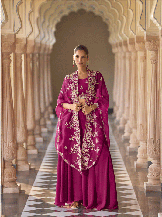 Magenta Zari Zardosi Hand Embroidered With Beads Cap Style Indowestern Palazzo Suits Wedding Wear