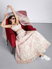 Cream Net Sequins and thread embroidery Semi-Stitched Lehenga choli and Dupatta