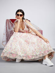 Cream Net Sequins and thread embroidery Semi-Stitched Lehenga choli and Dupatta