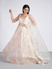 Cream Net Sequins and thread embroidery Semi-Stitched Lehenga choli and Dupatta