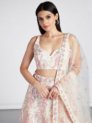 Cream Net Sequins and thread embroidery Semi-Stitched Lehenga choli and Dupatta