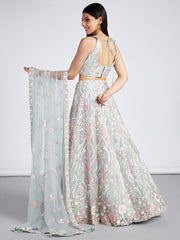 Lime Green Net Sequins and thread embroidery Semi-Stitched Lehenga choli and Dupatta