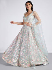 Lime Green Net Sequins and thread embroidery Semi-Stitched Lehenga choli and Dupatta
