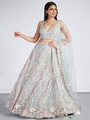 Lime Green Net Sequins and thread embroidery Semi-Stitched Lehenga choli and Dupatta