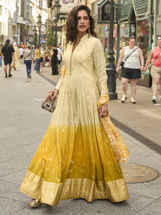 Wedding Wear Yellow & Cream Heavy Anarkali Gown