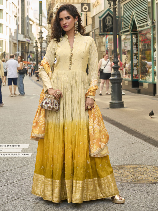 Wedding Wear Yellow & Cream Heavy Anarkali Gown