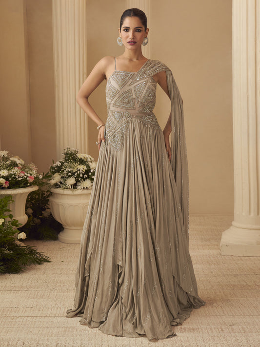 Golden Beige Hand Embroidery Anarkali Gown