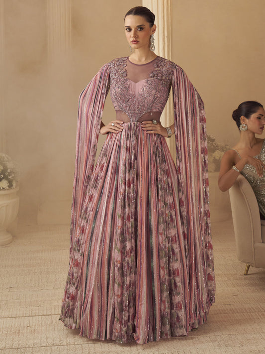 Pink Hand-Embroidered Cape Sleeve Anarkali Gown